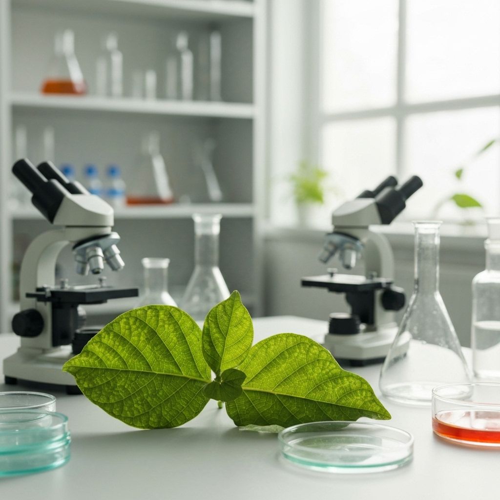 Calm, natural laboratory setting with moringa leaves